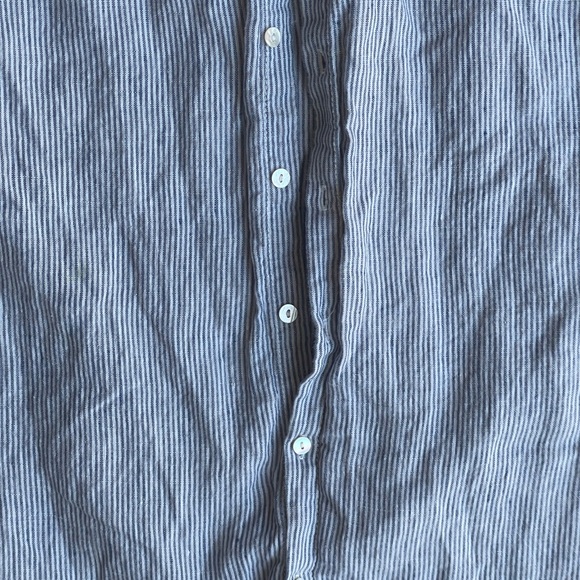 Tahiti 100% Linen Striped Blue Button Down Shirt Cuff Short Sleeve Dress S - Picture 4 of 7